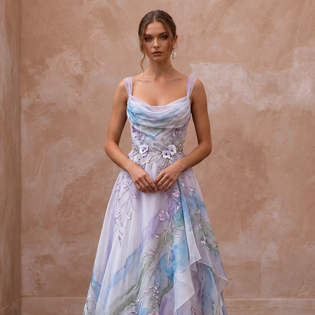 Ethereal Lavender Watercolor Silk Bridal Gown for Garden Elopement