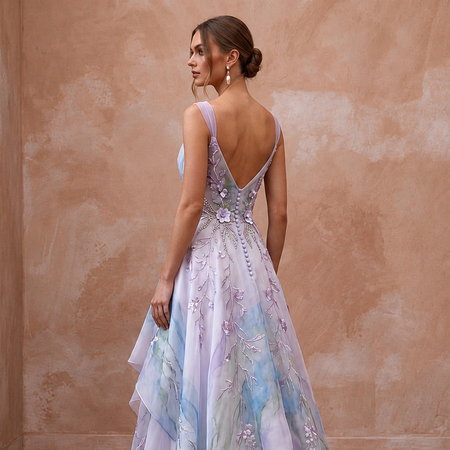 Ethereal Lavender Watercolor Silk Bridal Gown for Garden Elopement