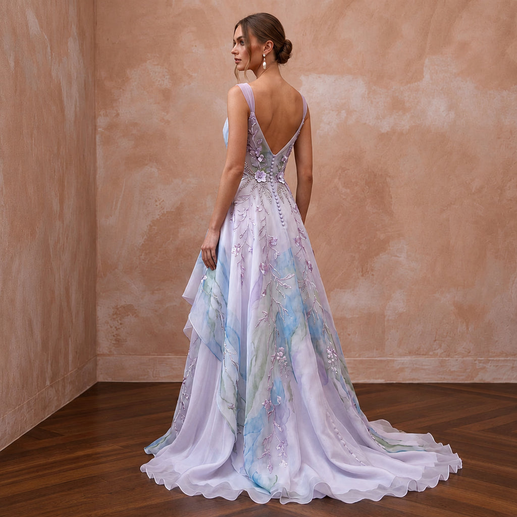 Ethereal Lavender Watercolor Silk Bridal Gown for Garden Elopement