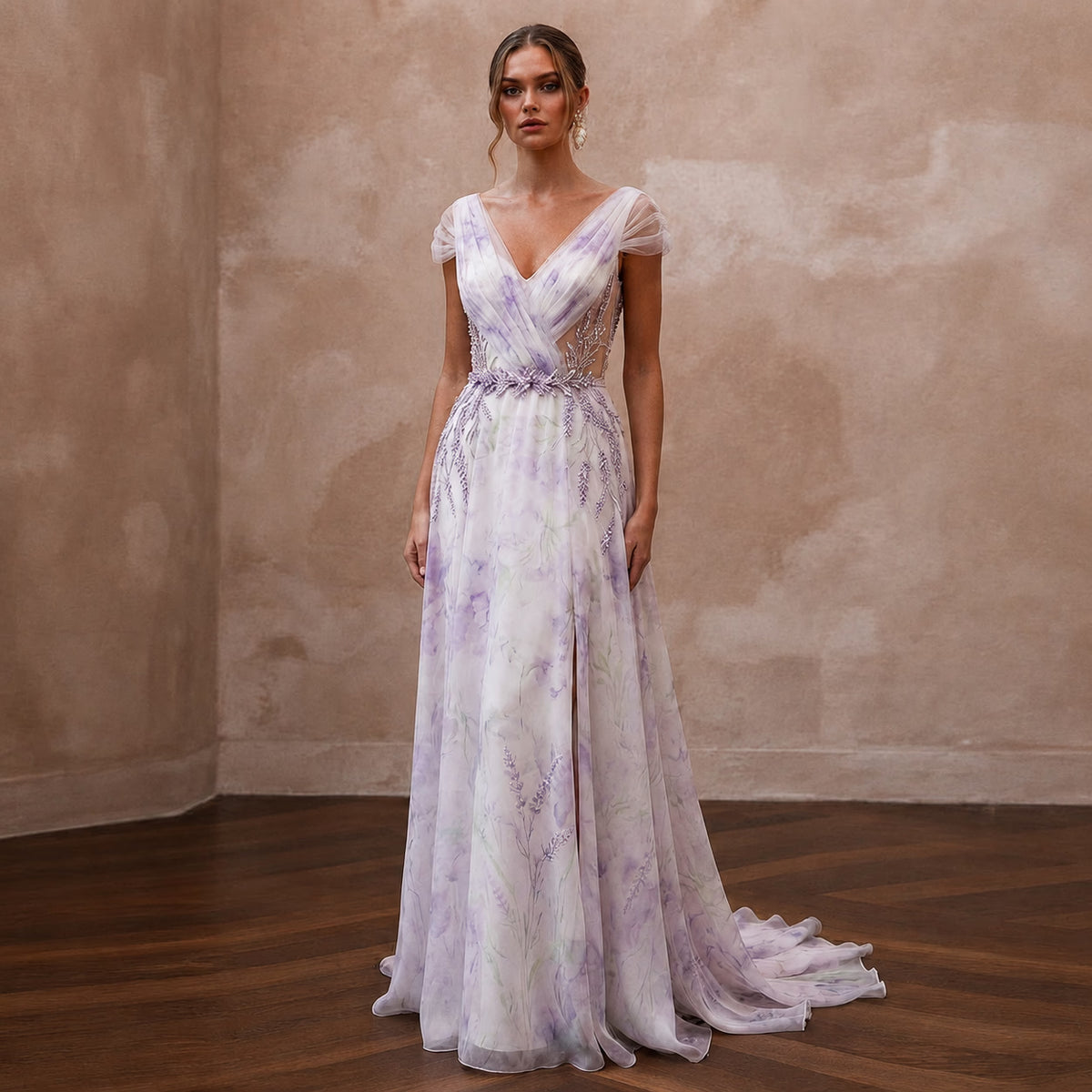 Ethereal Lavender Watercolor Silk Dress for Garden Elopement - Apparel & Accessories > Clothing > Wedding & Bridal Party Dresses > Wedding Dresses - Mignonette Bridal Main image