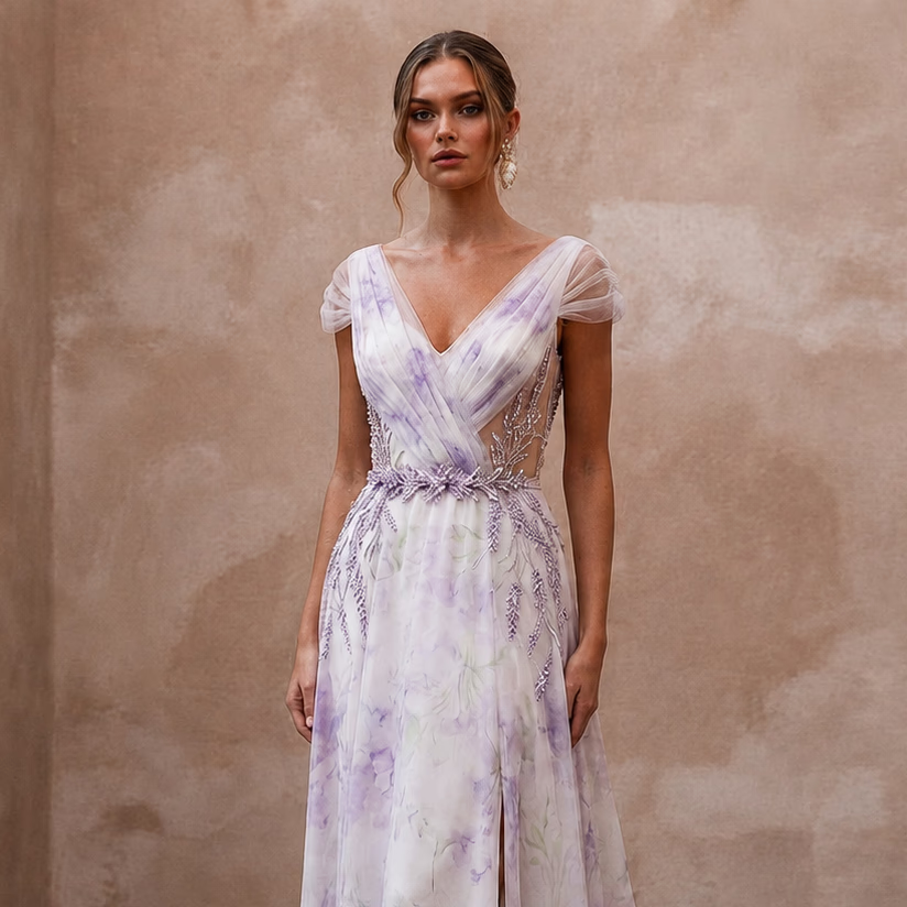 Ethereal Lavender Watercolor Silk Dress for Garden Elopement - Apparel & Accessories > Clothing > Wedding & Bridal Party Dresses > Wedding Dresses - Mignonette Bridal