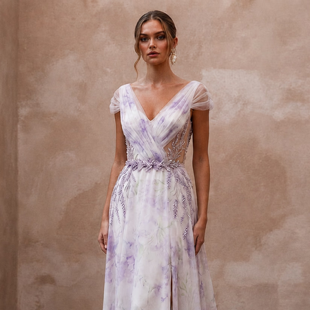 Ethereal Lavender Watercolor Silk Dress for Garden Elopement - Apparel & Accessories > Clothing > Wedding & Bridal Party Dresses > Wedding Dresses - Mignonette Bridal