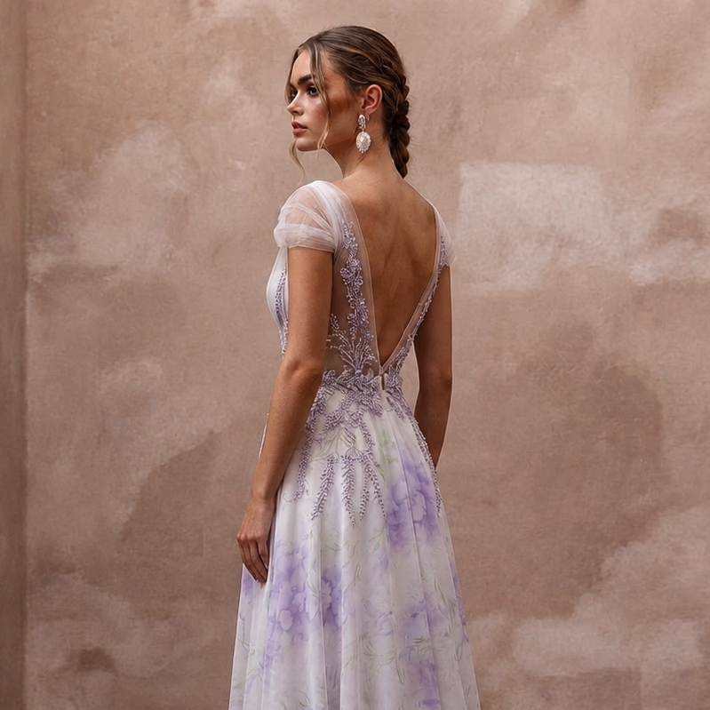 Ethereal Lavender Watercolor Silk Dress for Garden Elopement - Apparel & Accessories > Clothing > Wedding & Bridal Party Dresses > Wedding Dresses - Mignonette Bridal