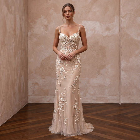 Ethereal Nude Tulle Sheath Wedding Dress with Floral Embroidery for Engagement