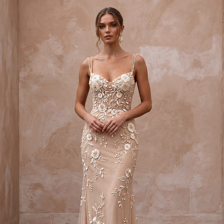 Ethereal Nude Tulle Sheath Wedding Dress with Floral Embroidery for Engagement