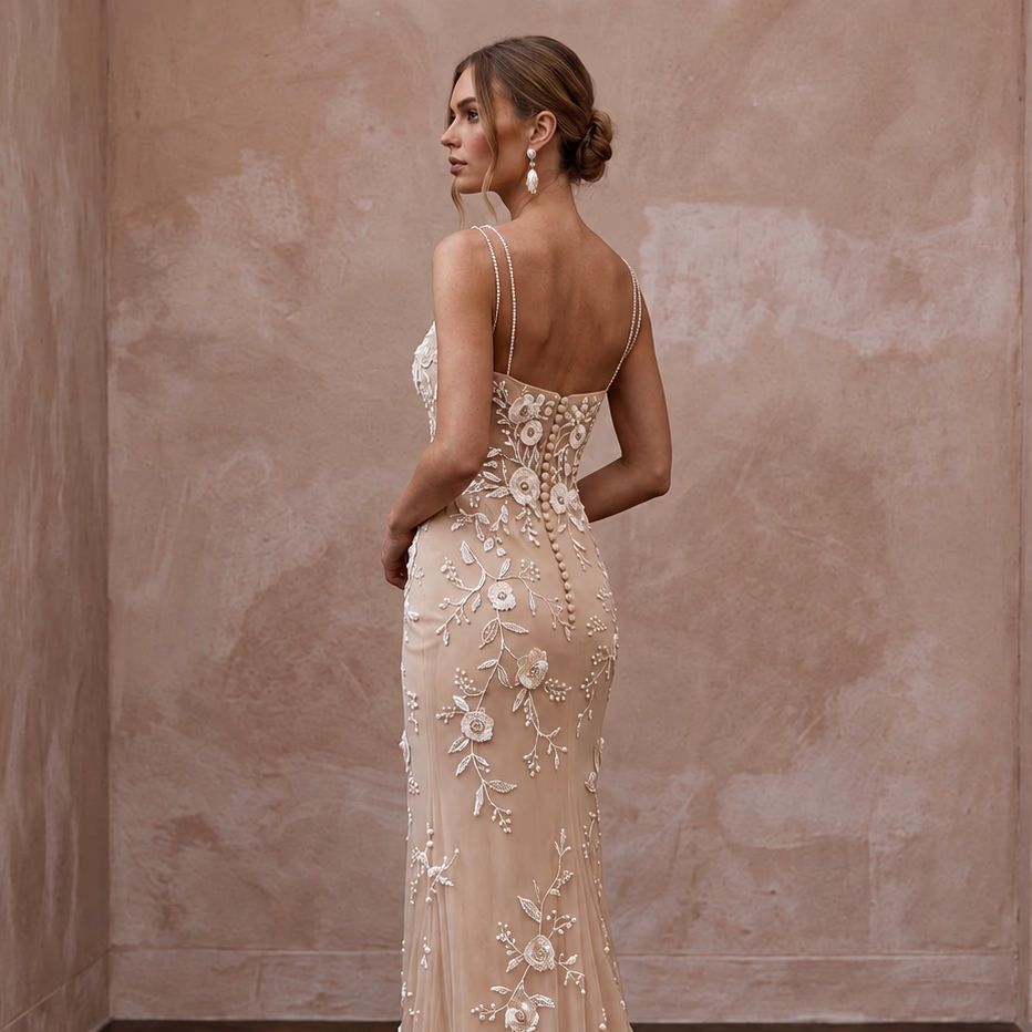Ethereal Nude Tulle Sheath Wedding Dress with Floral Embroidery for Engagement