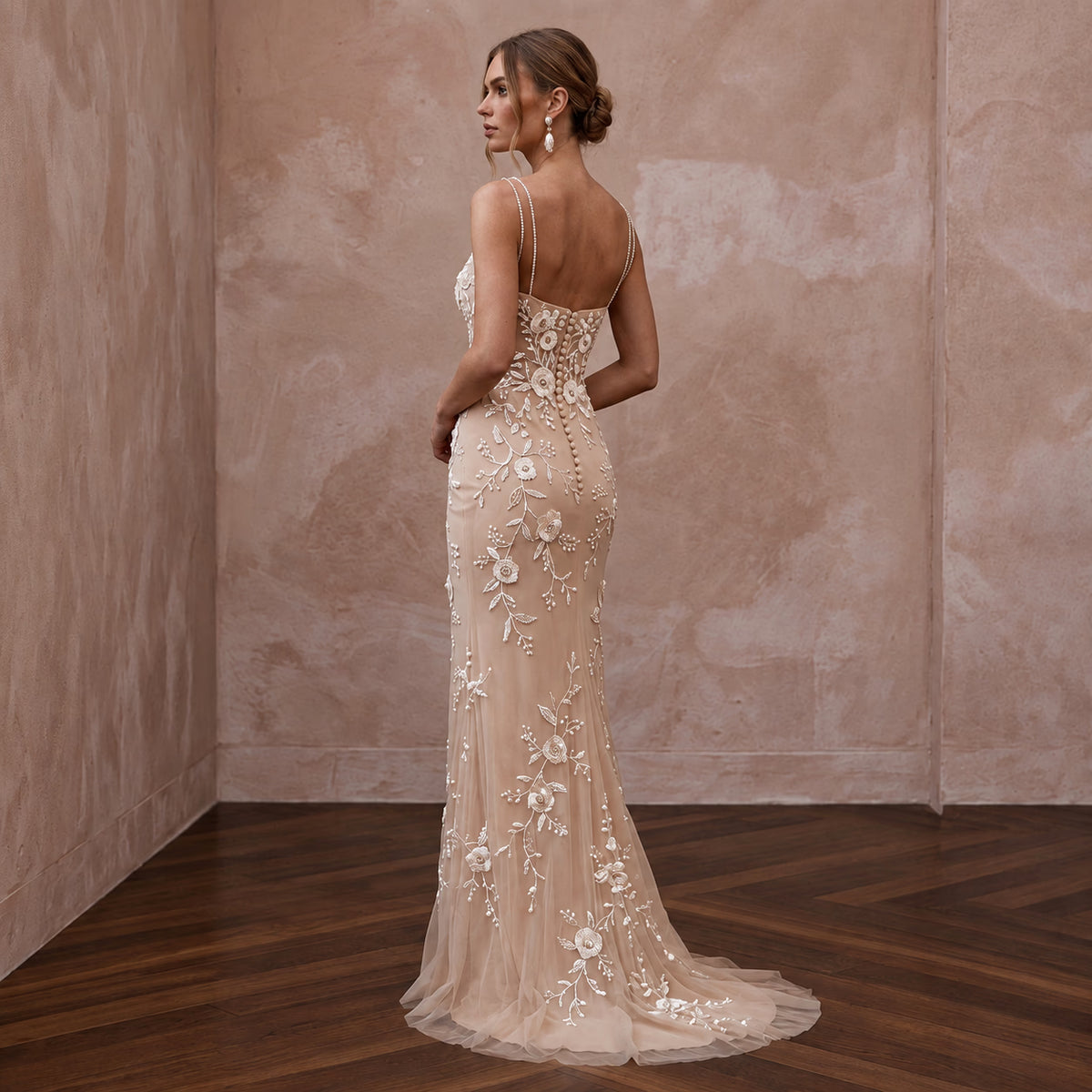 Ethereal Nude Tulle Sheath Wedding Dress with Floral Embroidery for Engagement