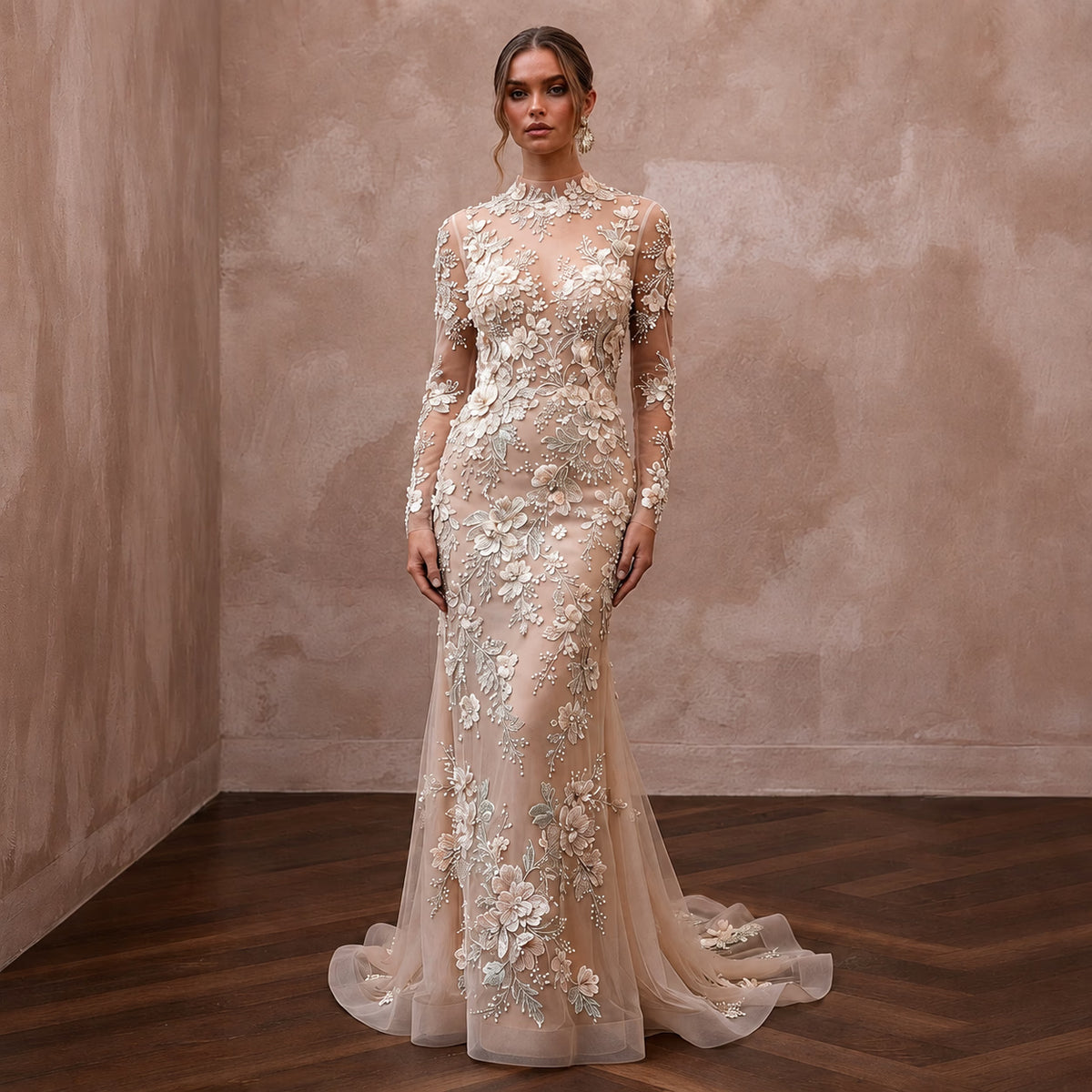 Ethereal Nude Tulle Sheath with Floral Embroidery for Engagement - Apparel & Accessories > Clothing > Wedding & Bridal Party Dresses > Wedding Dresses - Mignonette Bridal