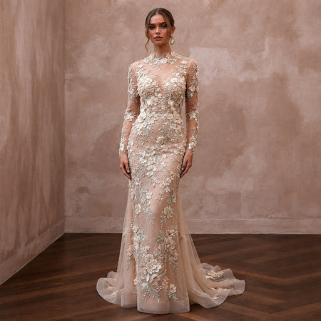 Ethereal Nude Tulle Sheath with Floral Embroidery for Engagement - Apparel & Accessories > Clothing > Wedding & Bridal Party Dresses > Wedding Dresses - Mignonette Bridal