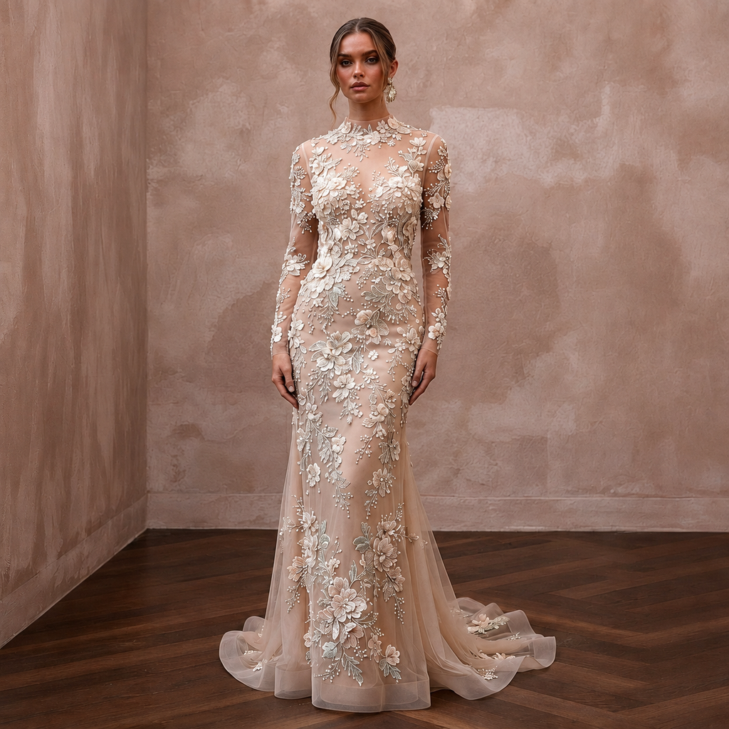 Ethereal Nude Tulle Sheath with Floral Embroidery for Engagement