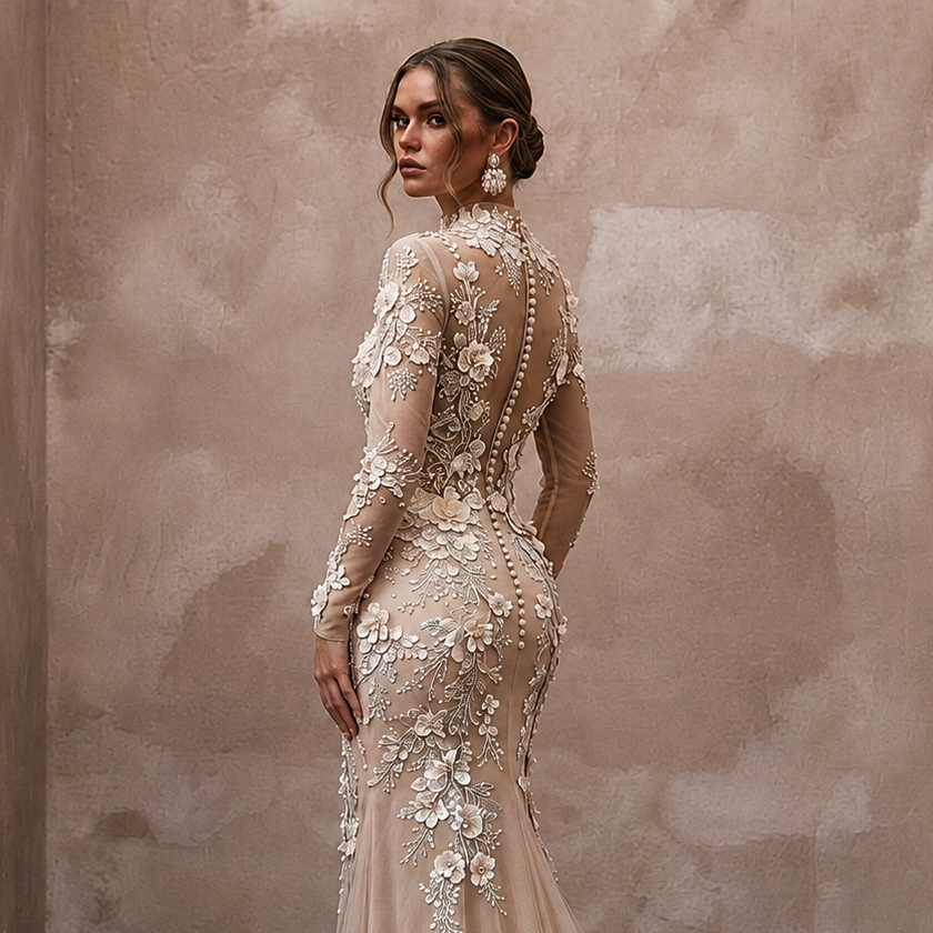 Ethereal Nude Tulle Sheath with Floral Embroidery for Engagement