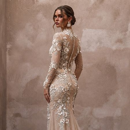 Ethereal Nude Tulle Sheath with Floral Embroidery for Engagement