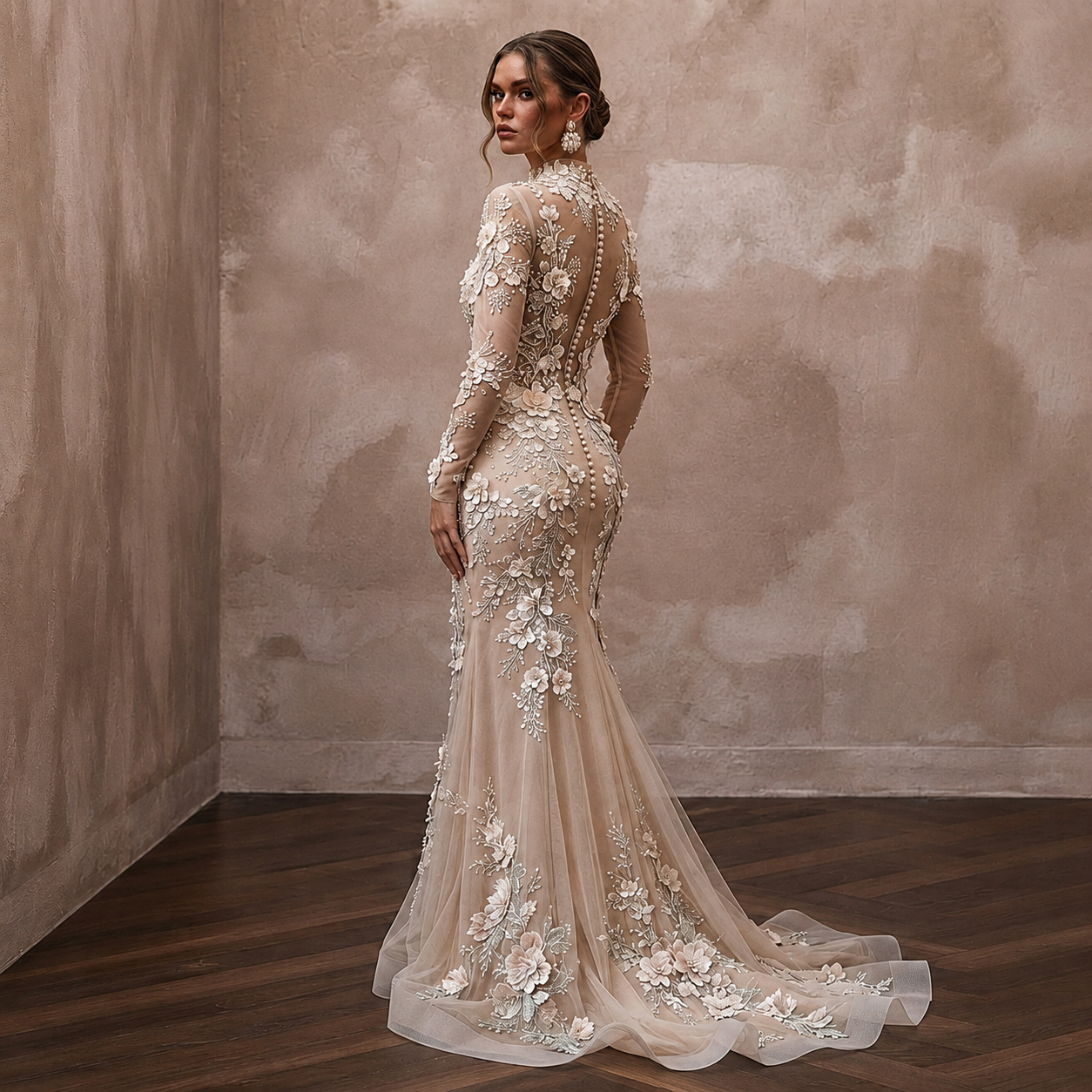 Ethereal Nude Tulle Sheath with Floral Embroidery for Engagement Secondary image