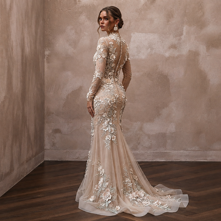 Ethereal Nude Tulle Sheath with Floral Embroidery for Engagement