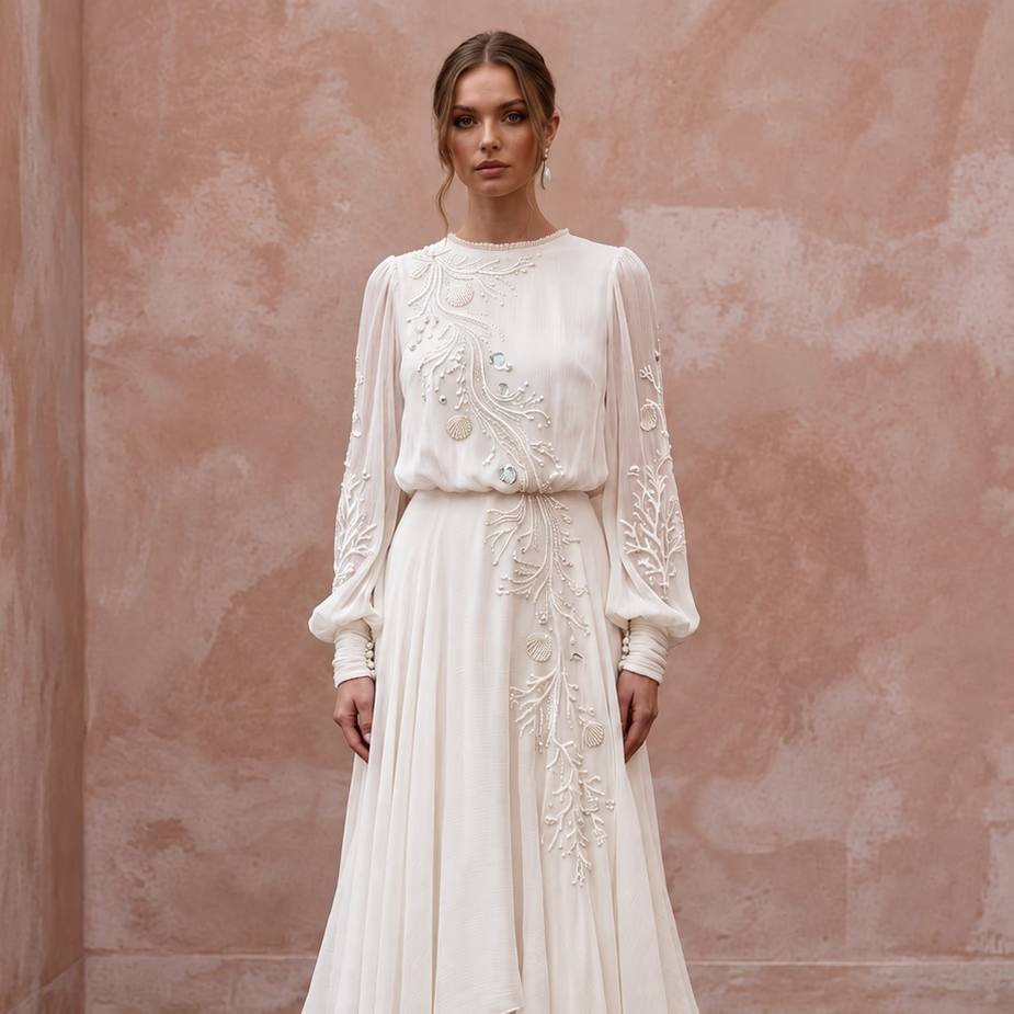 Ethereal Off-White Crinkle Chiffon Long Sleeve Wedding Dress for Beach Elopement
