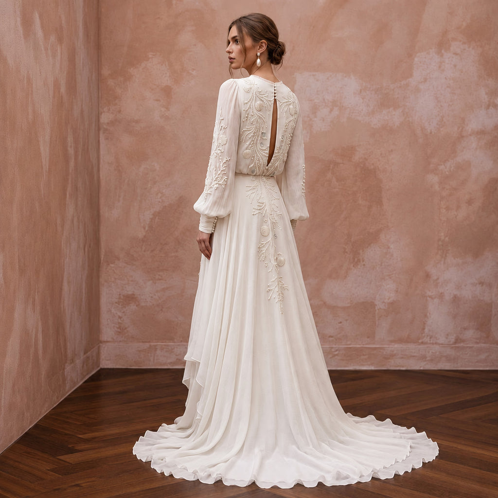 Ethereal Off-White Crinkle Chiffon Long Sleeve Wedding Dress for Beach Elopement