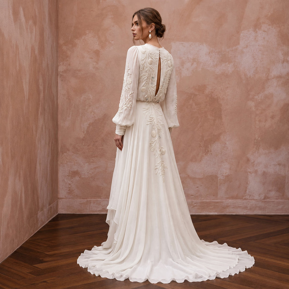 Ethereal Off-White Crinkle Chiffon Long Sleeve Wedding Dress for Beach Elopement