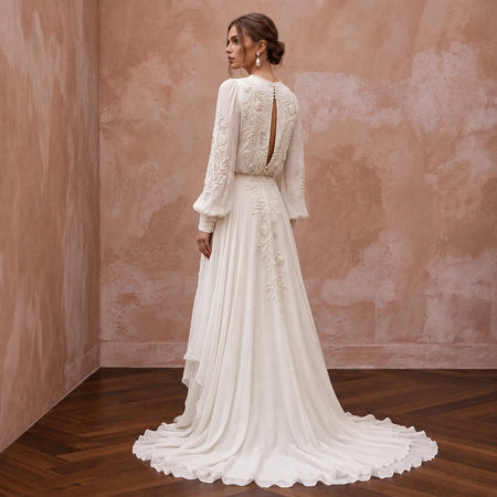 Ethereal Off-White Crinkle Chiffon Long Sleeve Wedding Dress for Beach Elopement