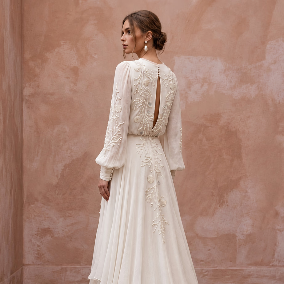 Ethereal Off-White Crinkle Chiffon Long Sleeve Wedding Dress for Beach Elopement