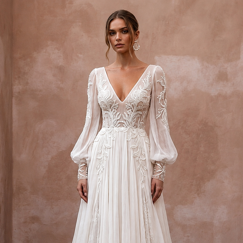 Ethereal Off-White Crinkle Chiffon Long Sleeve for Beach Elopement