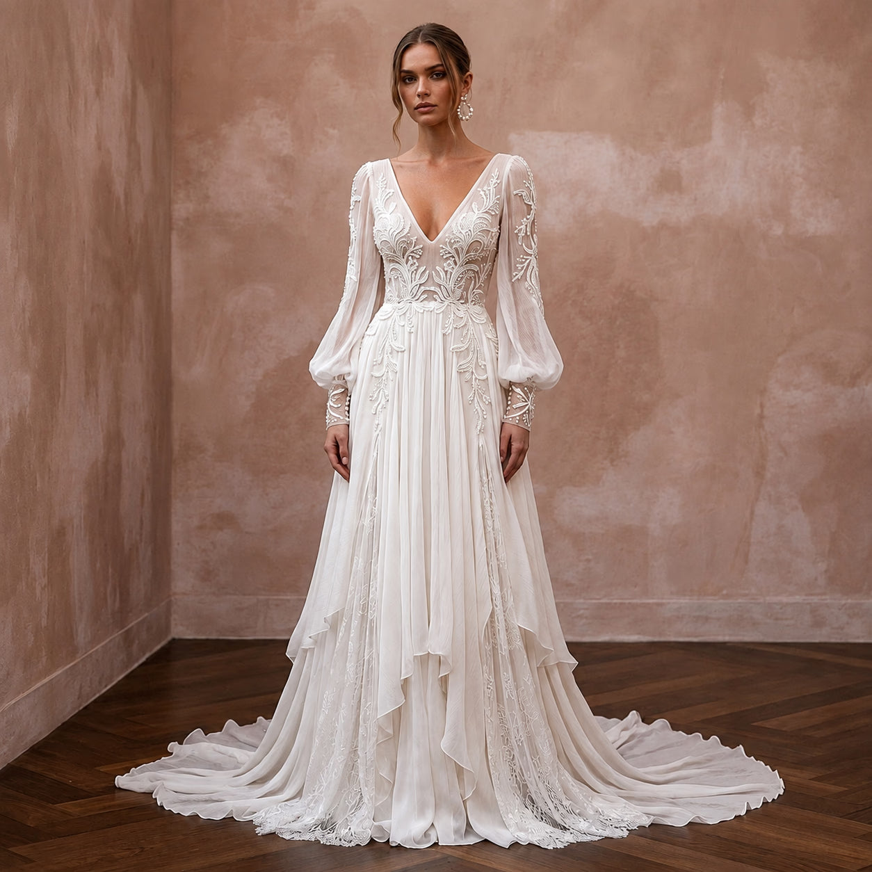 Ethereal Off - White Crinkle Chiffon Long Sleeve for Beach Elopement - Apparel & Accessories > Clothing > Wedding & Bridal Party Dresses > Wedding Dresses - Mignonette Bridal