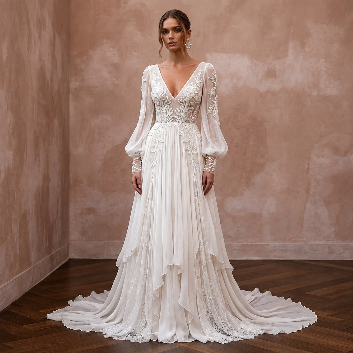 Ethereal Off - White Crinkle Chiffon Long Sleeve for Beach Elopement - Apparel & Accessories > Clothing > Wedding & Bridal Party Dresses > Wedding Dresses - Mignonette Bridal Main image