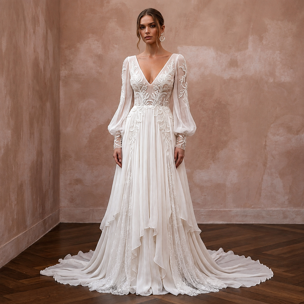 Ethereal Off-White Crinkle Chiffon Long Sleeve for Beach Elopement