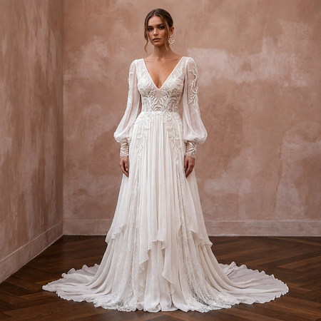 Ethereal Off-White Crinkle Chiffon Long Sleeve for Beach Elopement
