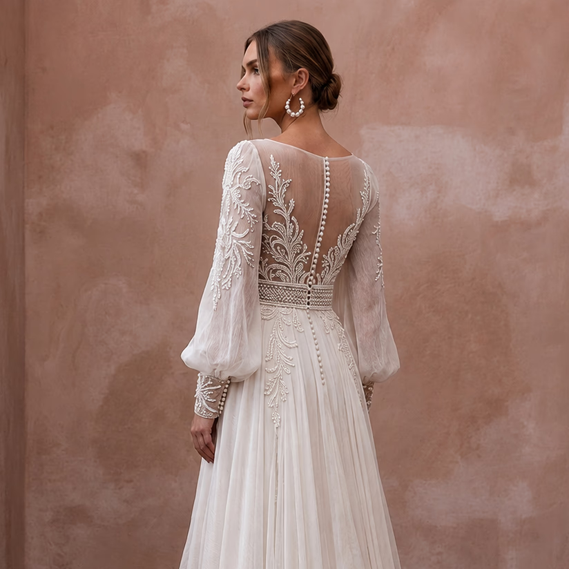 Ethereal Off - White Crinkle Chiffon Long Sleeve for Beach Elopement - Apparel & Accessories > Clothing > Wedding & Bridal Party Dresses > Wedding Dresses - Mignonette Bridal