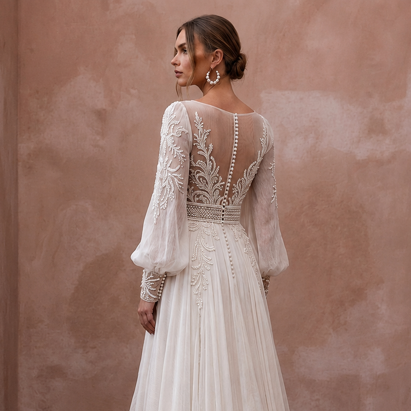 Ethereal Off-White Crinkle Chiffon Long Sleeve for Beach Elopement