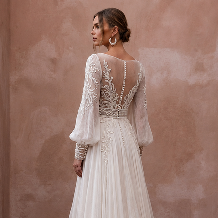 Ethereal Off-White Crinkle Chiffon Long Sleeve for Beach Elopement