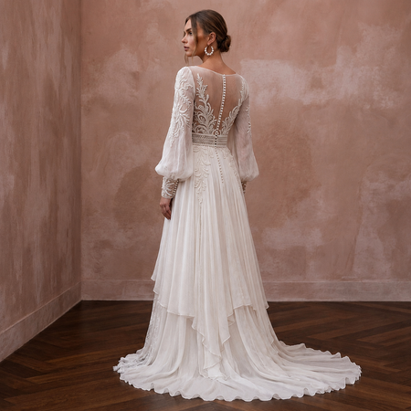 Ethereal Off-White Crinkle Chiffon Long Sleeve for Beach Elopement