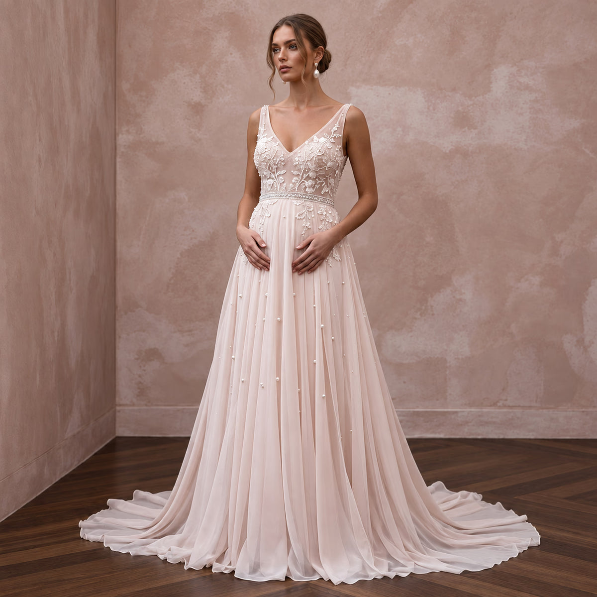 Ethereal Soft Blush Chiffon Empire Waist Maternity Wedding Dress Main image