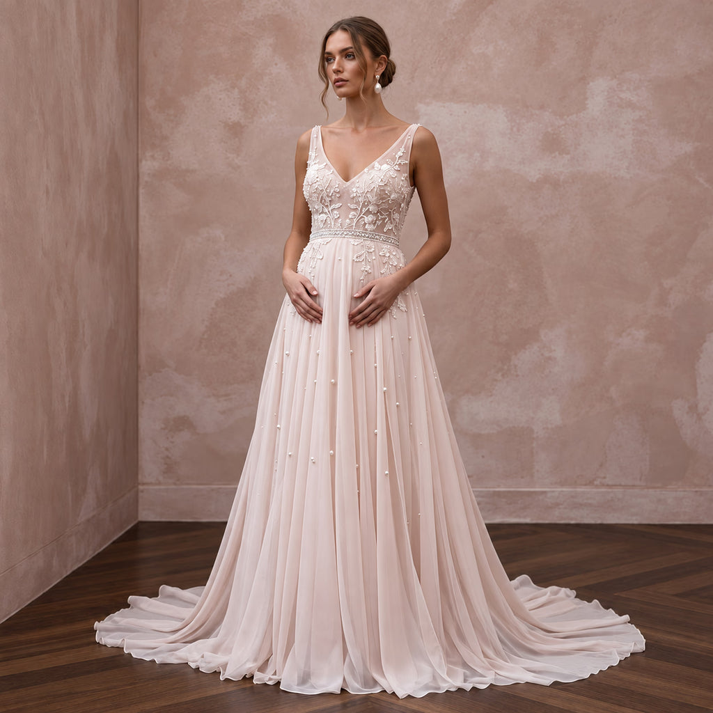 Ethereal Soft Blush Chiffon Empire Waist Maternity Wedding Dress