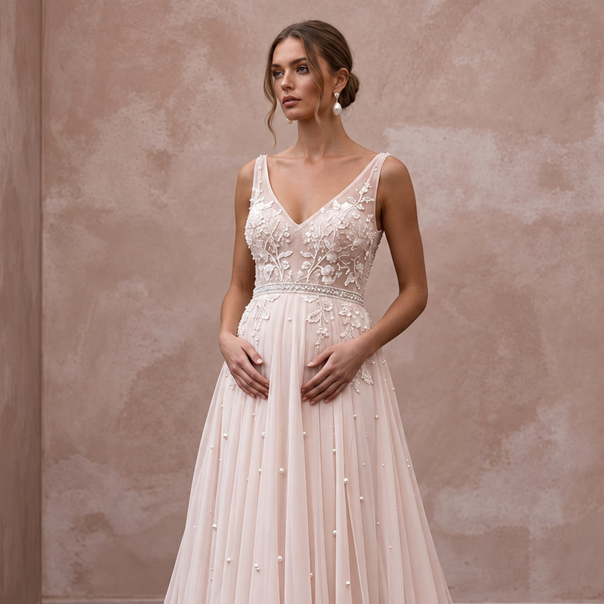 Ethereal Soft Blush Chiffon Empire Waist Maternity Wedding Dress