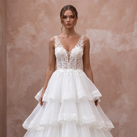 Ethereal Soft White Organza Tiered Ruffle Skirt Wedding Dress