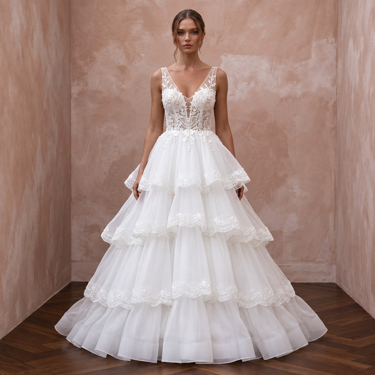 Ethereal Soft White Organza Tiered Ruffle Skirt Wedding Dress