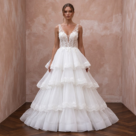 Ethereal Soft White Organza Tiered Ruffle Skirt Wedding Dress