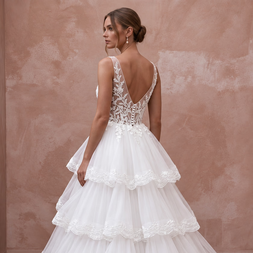 Ethereal Soft White Organza Tiered Ruffle Skirt Wedding Dress