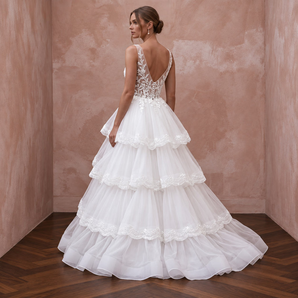 Ethereal Soft White Organza Tiered Ruffle Skirt Wedding Dress