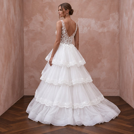 Ethereal Soft White Organza Tiered Ruffle Skirt Wedding Dress