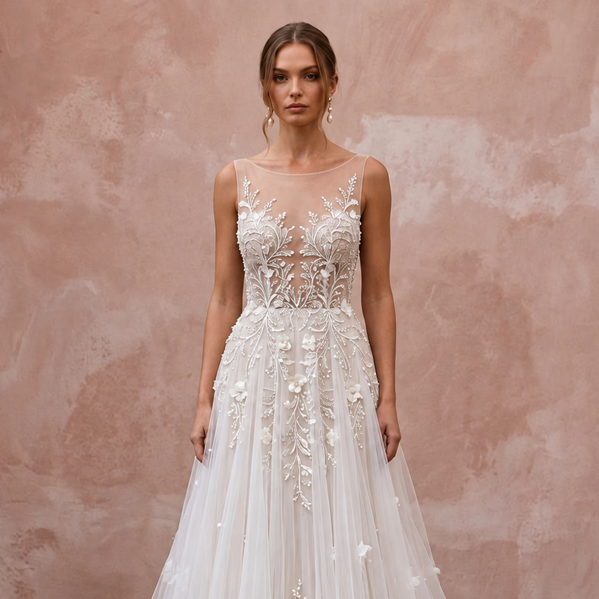 Ethereal Tulle Bridal Gown with Open Back - Apparel & Accessories > Clothing > Wedding & Bridal Party Dresses > Wedding Dresses - Mignonette Bridal