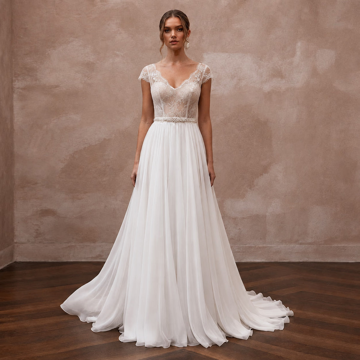 Ethereal White Chiffon A - Line Wedding Dress for Rehearsal Dinner - Apparel & Accessories > Clothing > Wedding & Bridal Party Dresses > Wedding Dresses - Mignonette Bridal Main image
