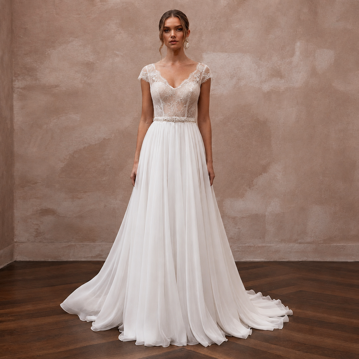Ethereal White Chiffon A-Line Wedding Dress for Rehearsal Dinner Main image
