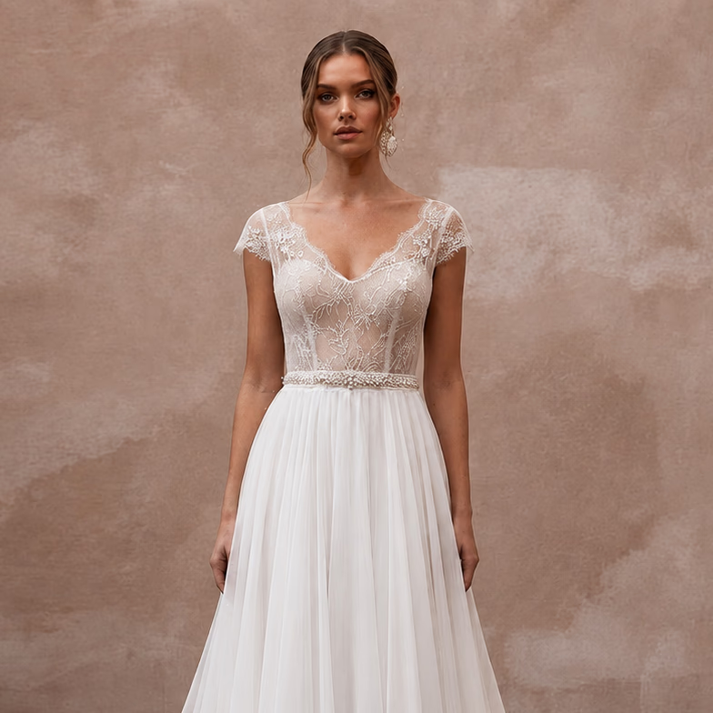 Ethereal White Chiffon A - Line Wedding Dress for Rehearsal Dinner - Apparel & Accessories > Clothing > Wedding & Bridal Party Dresses > Wedding Dresses - Mignonette Bridal
