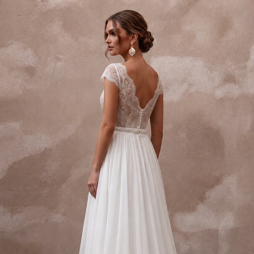 Ethereal White Chiffon A - Line Wedding Dress for Rehearsal Dinner - Apparel & Accessories > Clothing > Wedding & Bridal Party Dresses > Wedding Dresses - Mignonette Bridal