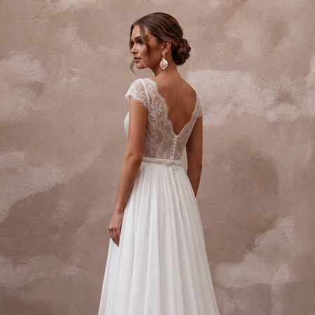 Ethereal White Chiffon A - Line Wedding Dress for Rehearsal Dinner - Apparel & Accessories > Clothing > Wedding & Bridal Party Dresses > Wedding Dresses - Mignonette Bridal