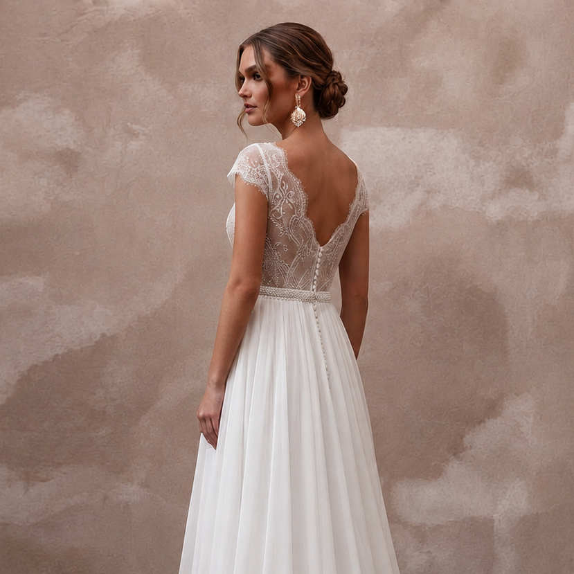 Ethereal White Chiffon A-Line Wedding Dress for Rehearsal Dinner