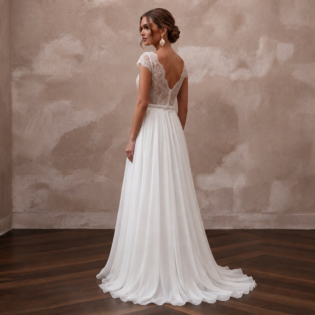 Ethereal White Chiffon A-Line Wedding Dress for Rehearsal Dinner