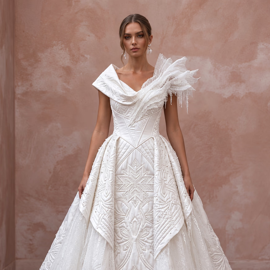 Ethereal White Quilted Satin Wedding Gown for Snowy Trash the Dress